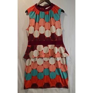 Tracy Negoshian Geometric Circles Peplum Dress Red Teal Cream Size L